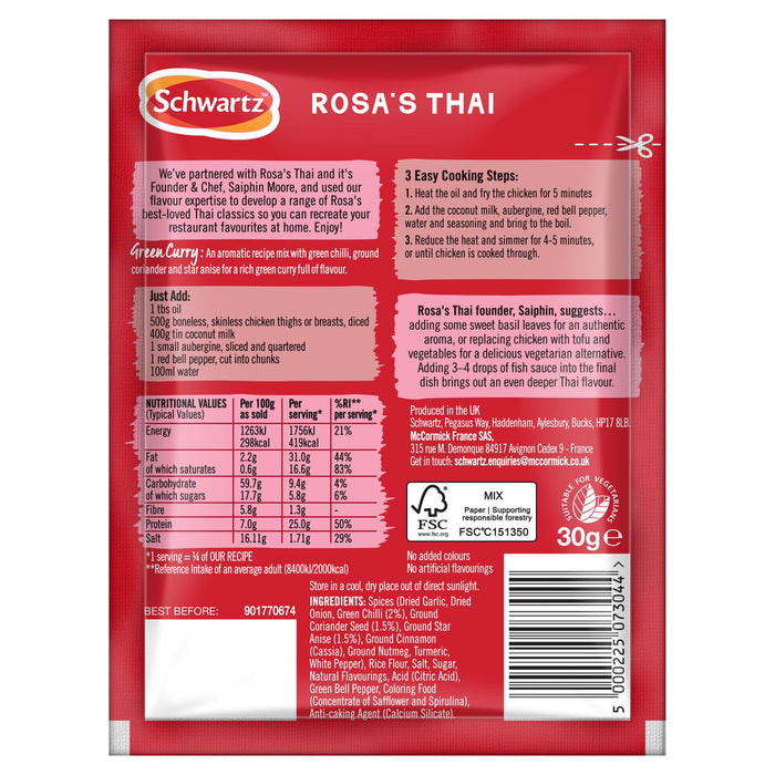 The back of the packaging for the Sa Rt Green Curry X12, a Schwartz Rosa's Thai Green Curry recipe mix, displays cooking instructions, ingredients, and nutritional information.
