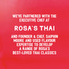 A graphic with white text on a red background explains the partnership with the executive chef at Rosa's Thai, which led to the development of the Sa Rt Green Curry X12.