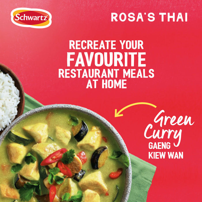 An advertisement for Schwartz and Rosa's Thai shows a bowl of green curry, encouraging customers to recreate restaurant meals at home with the Sa Rt Green Curry X12 product.