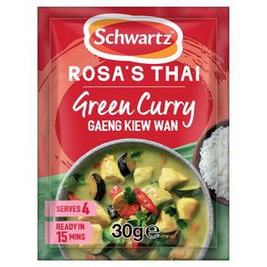A red and green sachet of the Sa Rt Green Curry X12, which is the Schwartz Rosa's Thai Green Curry mix, is shown in front of a prepared bowl of green curry with chicken, eggplant, and a side of rice.