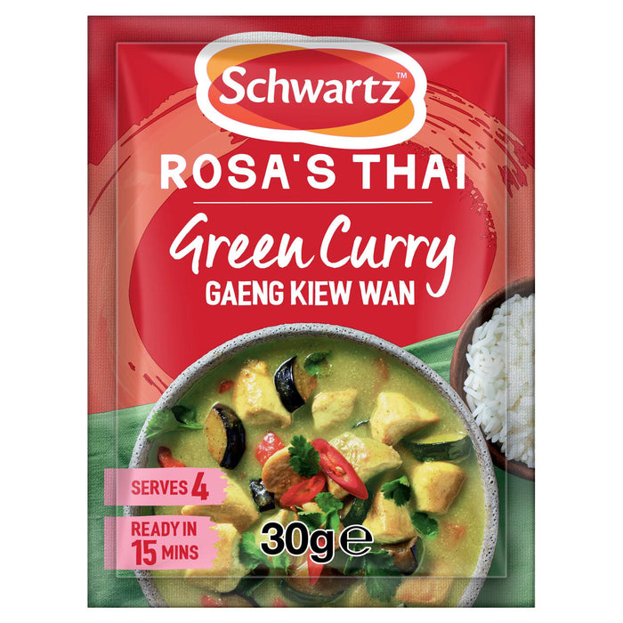 A red and green sachet of the Sa Rt Green Curry X12, which is the Schwartz Rosa's Thai Green Curry mix, is shown in front of a prepared bowl of green curry with chicken, eggplant, and a side of rice.