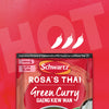 A package of Sa Rt Green Curry X12 from the Schwartz Rosa's Thai line is shown against a red background with the word HOT and three chili icons, indicating its spice level.