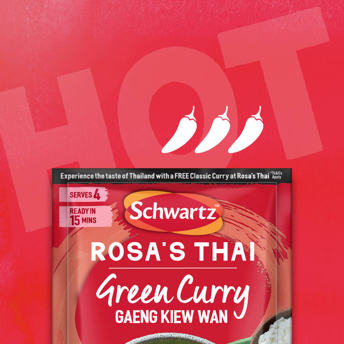 A package of Sa Rt Green Curry X12 from the Schwartz Rosa's Thai line is shown against a red background with the word HOT and three chili icons, indicating its spice level.
