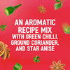 A promotional image for the Sa Rt Green Curry X12 describes it as an aromatic recipe mix with green chilli, ground coriander, and star anise, depicted on a red background with floating ingredients.