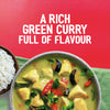 A rich bowl of Thai green curry, a dish that can be made with Sa Rt Green Curry X12, is served with a side of white rice against a red background.
