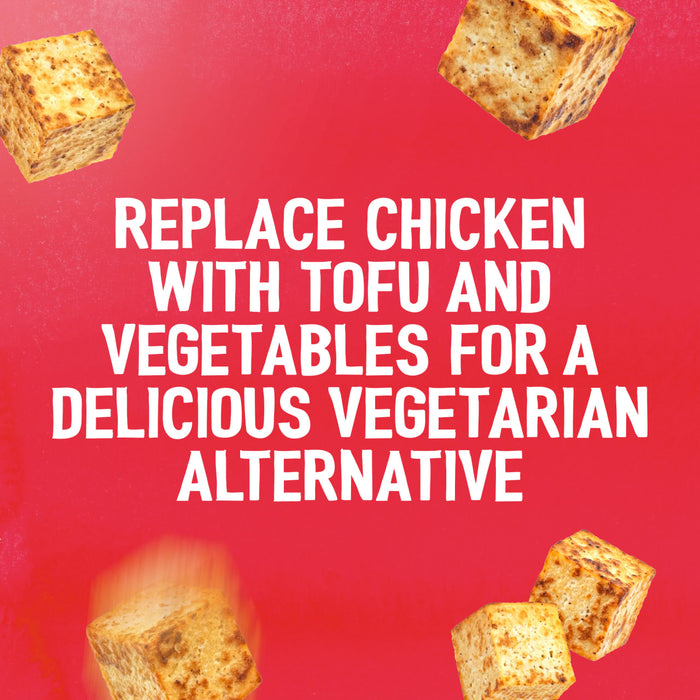 A promotional graphic with cubes of cooked tofu on a red background suggests using Sa Rt Green Curry X12 to replace chicken with tofu and vegetables for a delicious vegetarian alternative.
