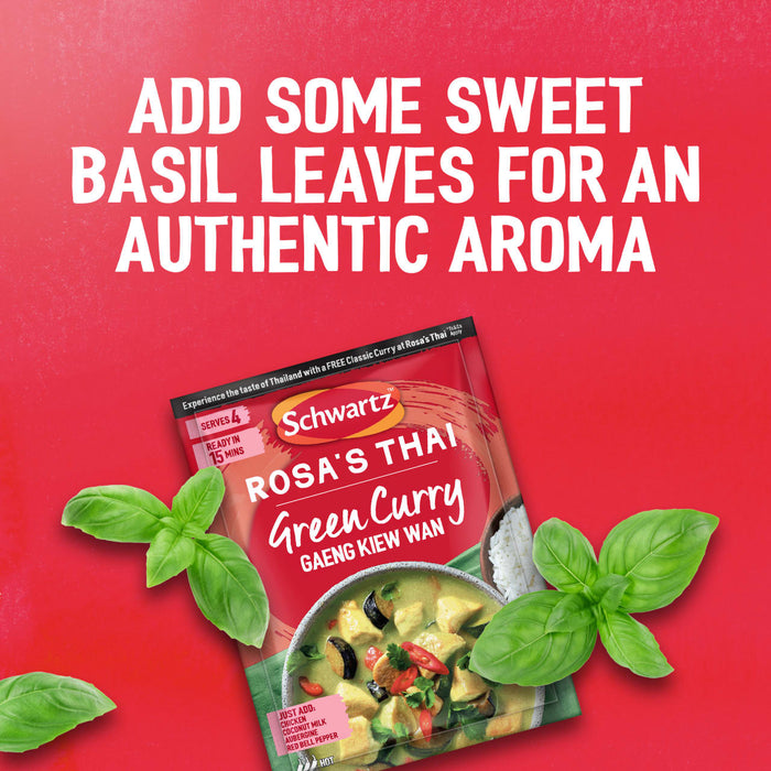A promotional image for the Schwartz brand shows how adding fresh basil leaves can enhance the authentic aroma of a meal made with a packet of Sa Rt Green Curry X12.
