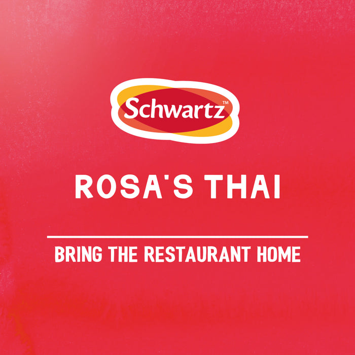 An advertisement for the Sa Rt Chicken Satay X12 features the Schwartz logo above the text Rosa's Thai and the tagline Bring the Restaurant Home on a red background.