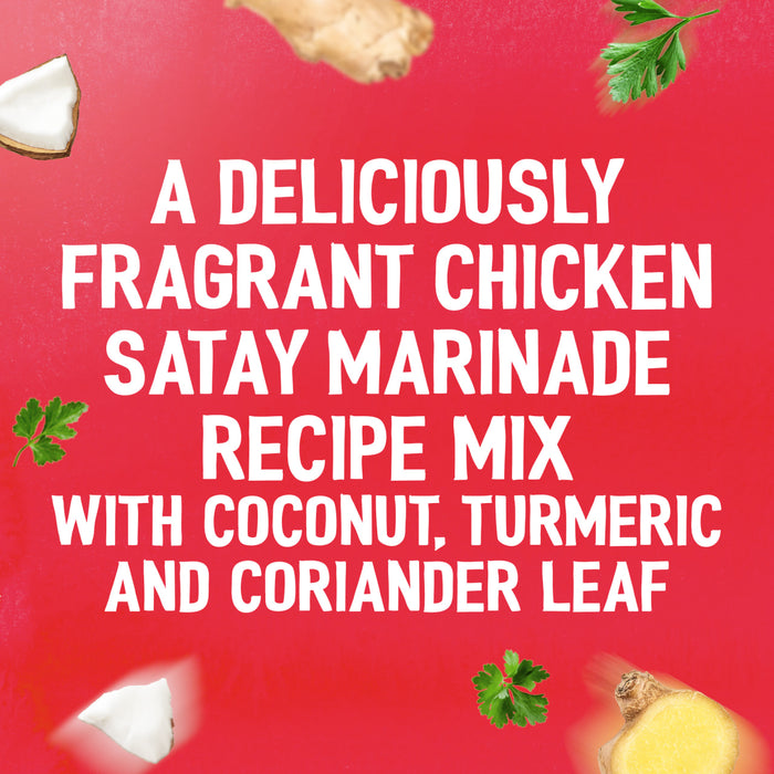 A vibrant red advertisement for the Sa Rt Chicken Satay X12 describes it as a deliciously fragrant marinade mix with coconut, turmeric, and coriander leaf, surrounded by floating fresh ginger, coconut, and herbs.