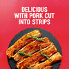 Seasoned raw pork strips garnished with rosemary on a black slate platter show a delicious use for the Sa Rt Chicken Satay X12, with the text Delicious with pork cut into strips on a red background.