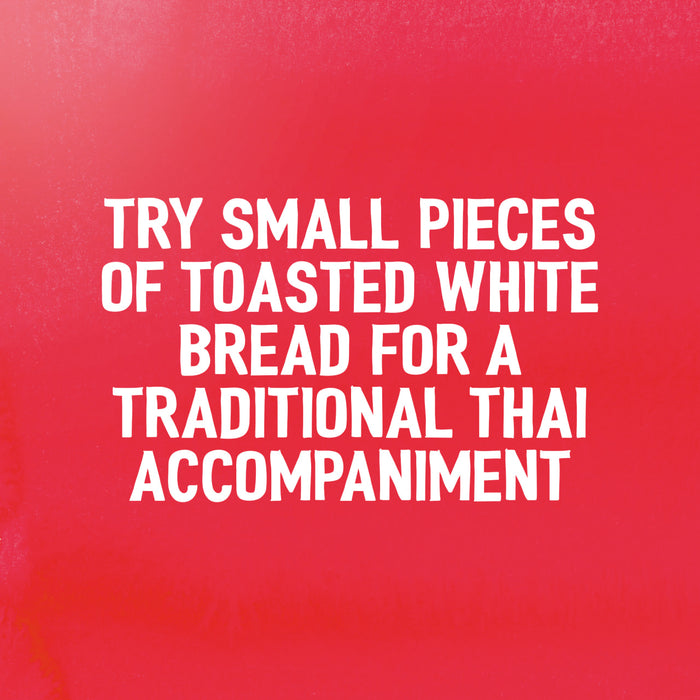 A serving suggestion for Sa Rt Chicken Satay X12 recommends trying small pieces of toasted white bread for a traditional Thai accompaniment, shown as white text on a red background.