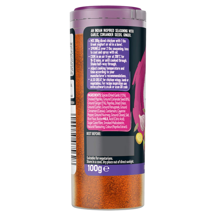 The back label of a Schwartz Indian inspired seasoning jar displays ingredients and air fryer cooking instructions.