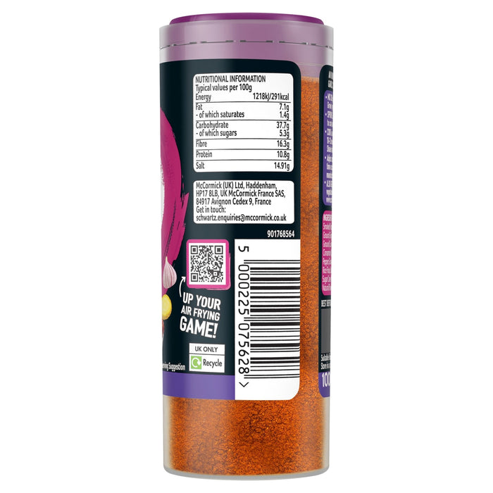 A clear plastic bottle of Sgk Uploads spice, featuring a purple lid, a black label with nutritional information, McCormick/Schwartz branding, a QR code, and a barcode, filled with reddish-orange spice powder.