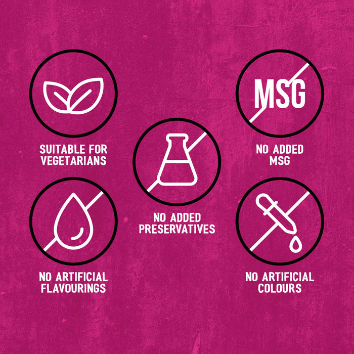An infographic showing product benefits for the Af Bvp Sch Tandoori Seas, including suitable for vegetarians, no added MSG, and no artificial colours, flavours, or preservatives.
