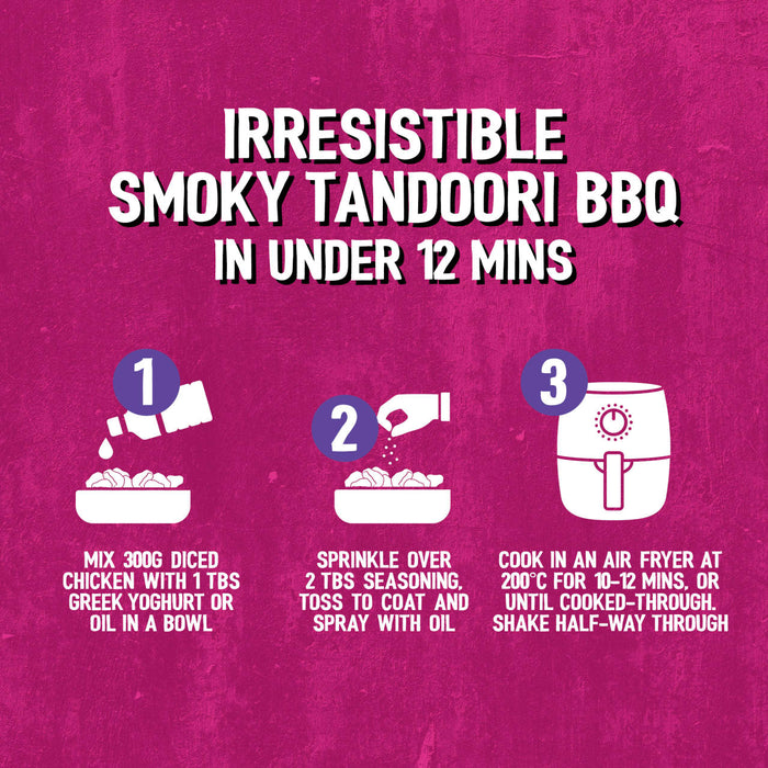 An infographic showing a three-step recipe for smoky tandoori BBQ chicken using the Af Bvp Sch Tandoori Seas, which involves mixing chicken with yogurt, adding the seasoning, and cooking it in an air fryer.
