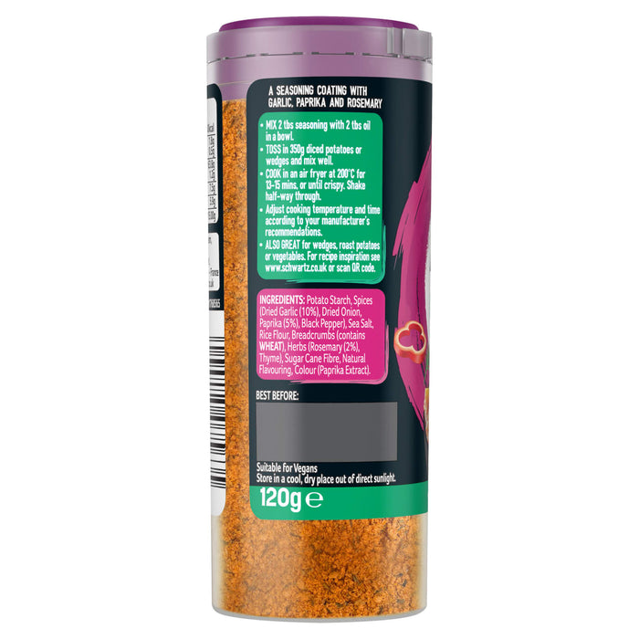 The back label of a clear Schwartz seasoning coating jar with garlic, paprika, and rosemary, displaying ingredients and air fryer cooking instructions.