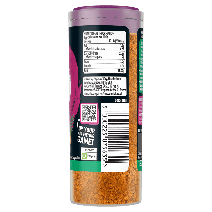 A Schwartz Sgk Uploads air frying seasoning jar, displaying nutritional information, contact details, and a barcode on its label.