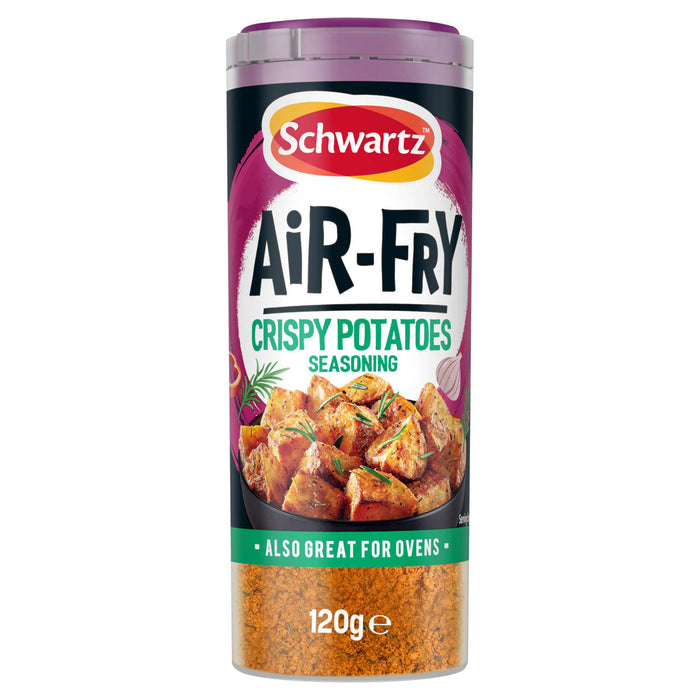 A cylindrical container of Schwartz Air-Fry Crispy Potatoes Seasoning displaying a bowl of seasoned potatoes on the label above the visible orange spice blend.