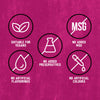 An infographic highlights the product attributes of Af Bvp Sch Potatoes Seas, including icons for Suitable for Vegans, No Added MSG, No Added Preservatives, No Artificial Flavourings, and No Artificial Colours on a pink textured background.