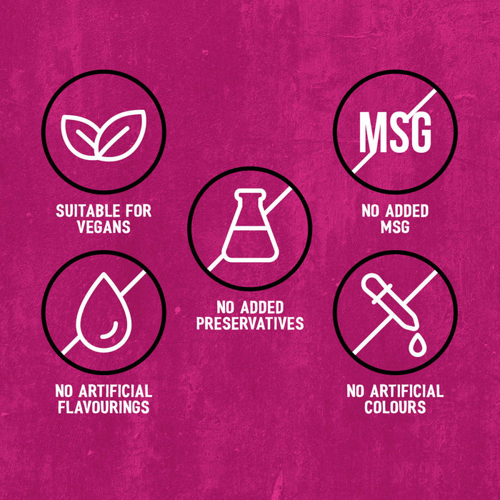 An infographic highlights the product attributes of Af Bvp Sch Potatoes Seas, including icons for Suitable for Vegans, No Added MSG, No Added Preservatives, No Artificial Flavourings, and No Artificial Colours on a pink textured background.