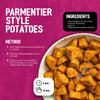 A recipe infographic for Parmentier style potatoes shows the finished dish of seasoned, crispy potatoes, with the recipe calling for the Schwartz Af Bvp Sch Potatoes Seas.
