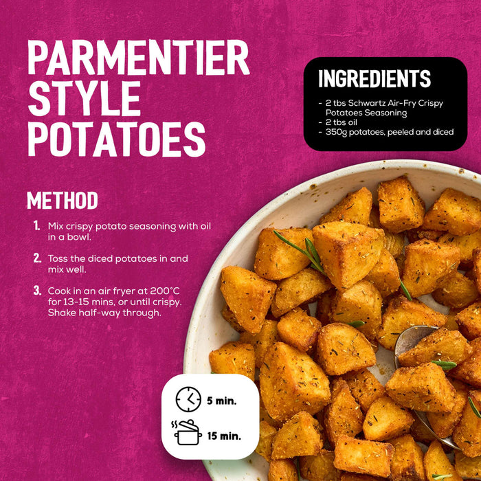 A recipe infographic for Parmentier style potatoes shows the finished dish of seasoned, crispy potatoes, with the recipe calling for the Schwartz Af Bvp Sch Potatoes Seas.