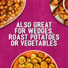 An overhead shot shows three plates of food, including roasted potatoes and zucchini, demonstrating the versatility of the Af Bvp Sch Potatoes Seas seasoning, as highlighted by the text.