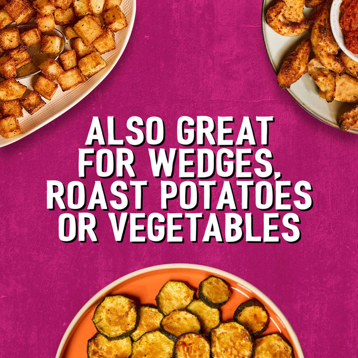 An overhead shot shows three plates of food, including roasted potatoes and zucchini, demonstrating the versatility of the Af Bvp Sch Potatoes Seas seasoning, as highlighted by the text.