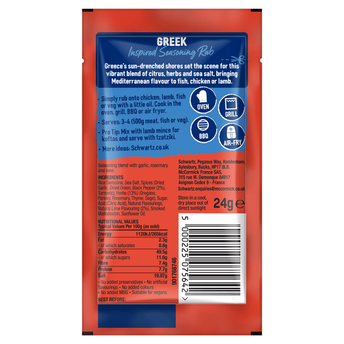 Back of a Schwartz Greek Inspired Seasoning Rub packet displaying cooking instructions, ingredients, and nutritional information for the Mediterranean flavor blend.