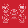An infographic on a red background displays five white icons highlighting the dietary benefits of the Ss Citrus And Herb Rub 24Gx20, including suitable for vegans, no added MSG, and no artificial colours or preservatives.
