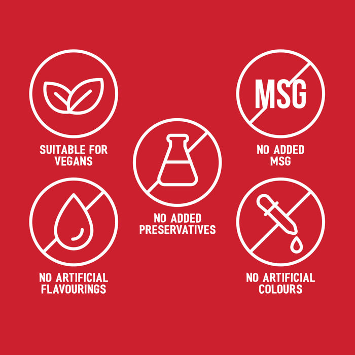 An infographic on a red background displays five white icons highlighting the dietary benefits of the Ss Citrus And Herb Rub 24Gx20, including suitable for vegans, no added MSG, and no artificial colours or preservatives.