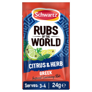 A red and blue sachet of Ss Citrus And Herb Rub 24Gx20 from Schwartz features illustrations of citrus and herbs to represent the Greek-inspired seasoning inside.