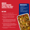 An infographic recipe card shows how to make Greek Spatchcock Lemon & Herb Whole Chicken & Potatoes using a sachet of Schwartz Ss Citrus And Herb Rub 24Gx20, with a final image of the cooked dish.