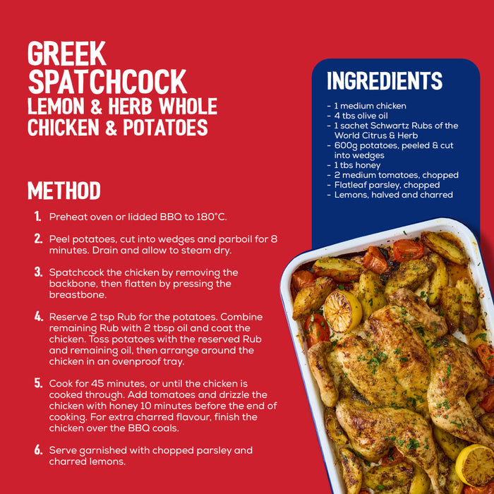 An infographic recipe card shows how to make Greek Spatchcock Lemon & Herb Whole Chicken & Potatoes using a sachet of Schwartz Ss Citrus And Herb Rub 24Gx20, with a final image of the cooked dish.
