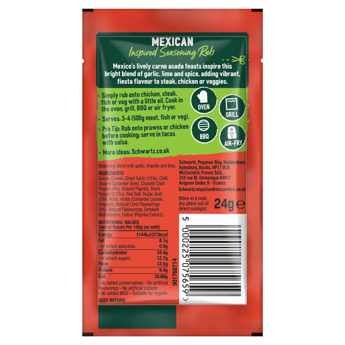 The back of a Schwartz Mexican Inspired Seasoning Rub packet provides consumers with ingredients, nutritional values, and versatile cooking instructions for oven, grill, BBQ, and air fryer.