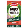 A red and green packet of Ss Garlic And Lime Rub 24Gx20, a Mexican-inspired seasoning from the Schwartz Rubs of the World collection.