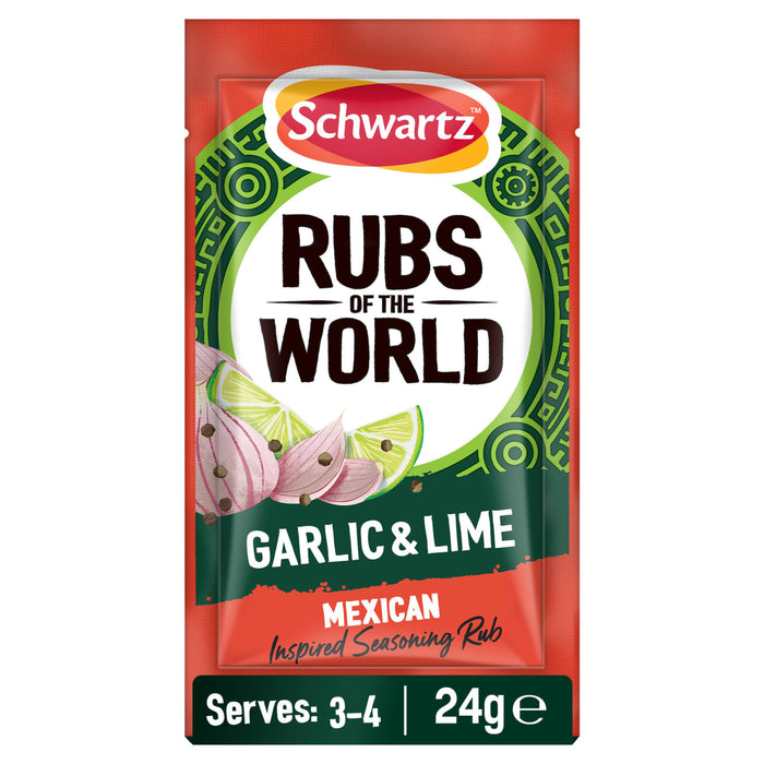 A red and green packet of Ss Garlic And Lime Rub 24Gx20, a Mexican-inspired seasoning from the Schwartz Rubs of the World collection.