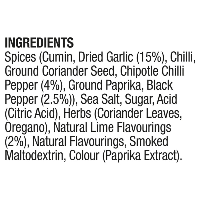 The ingredients list for the Ss Garlic And Lime Rub 24Gx20, which includes spices like cumin and dried garlic, herbs, sea salt, and natural lime flavourings.