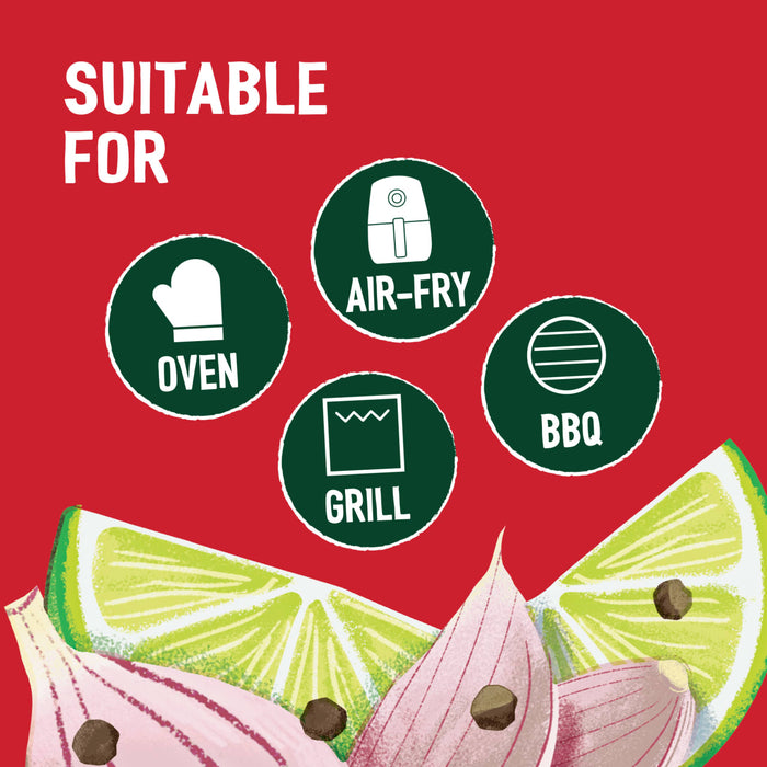 An infographic shows that the Ss Garlic And Lime Rub 24Gx20 is suitable for cooking in the oven, air-fryer, grill, and on the BBQ, with an illustration of lime and onion below.