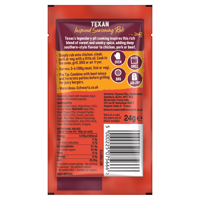 Back of a red packet of Schwartz Texan Inspired Seasoning Rub displaying ingredients, nutritional values, and cooking instructions for oven, grill, BBQ, and air fryer.