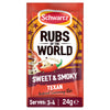 A single sachet of Schwartz Rubs of the World Sweet & Smoky Texan Inspired Seasoning Rub, part of the Ss Sweet And Smoky Rub 24Gx20 product line, is shown with illustrations of a chili pepper and onion rings.