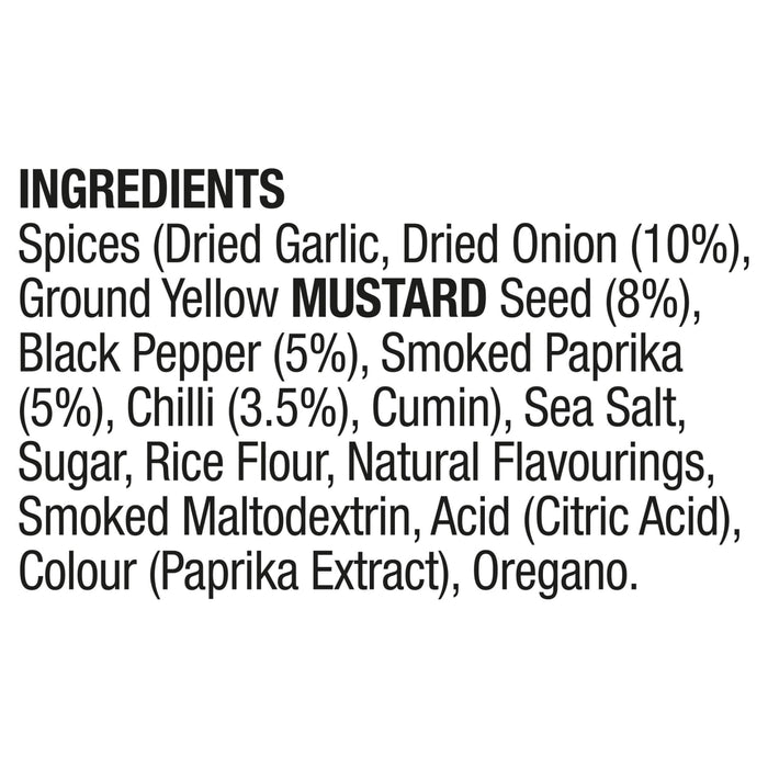 The ingredients list for the Ss Sweet And Smoky Rub 24Gx20, which includes spices like dried onion, ground yellow mustard seed, black pepper, smoked paprika, and chilli.