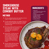 A recipe card for smokehouse steak with cowboy butter shows the finished dish next to the ingredients and method, which calls for a sachet of Ss Sweet And Smoky Rub 24Gx20.