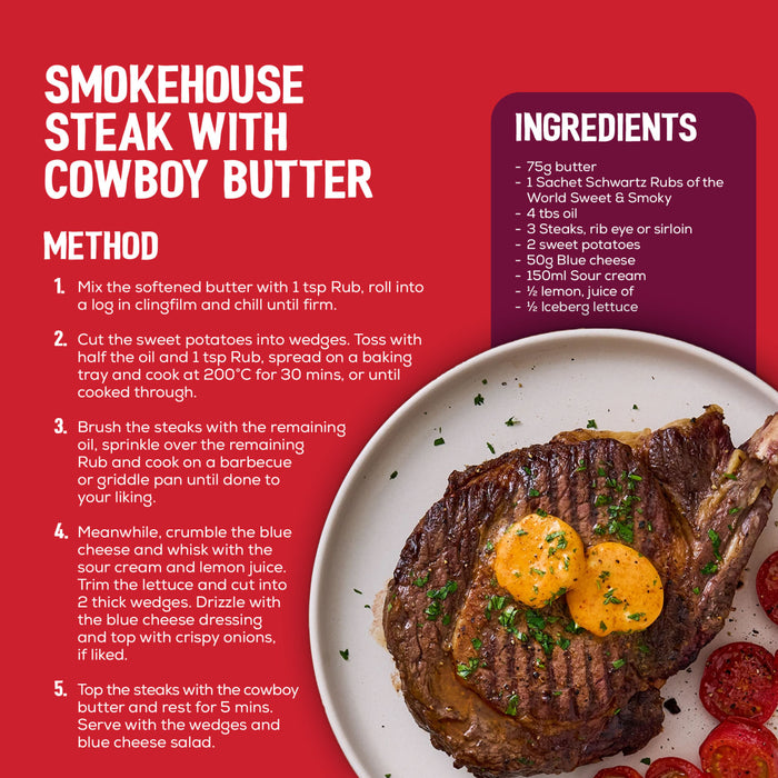 A recipe card for smokehouse steak with cowboy butter shows the finished dish next to the ingredients and method, which calls for a sachet of Ss Sweet And Smoky Rub 24Gx20.