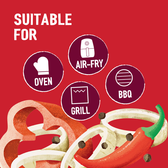 An infographic shows that the Ss Sweet And Smoky Rub 24Gx20 is suitable for the oven, air-fryer, grill, and BBQ, with illustrations of peppers and onions in the foreground.