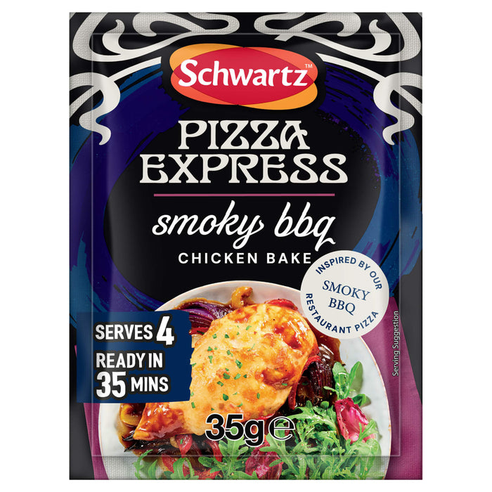 A 35g packet of Schwartz Pizza Express smoky bbq chicken bake seasoning mix which is the Sa Pe Smoky Bbq Chickbake X12 that serves four people and is ready in 35 minutes.
