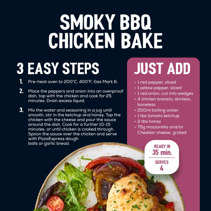 This recipe infographic for Sa Pe Smoky Bbq Chickbake X12 details a three step cooking process and a list of fresh ingredients to create a cheesy chicken and pepper dish.