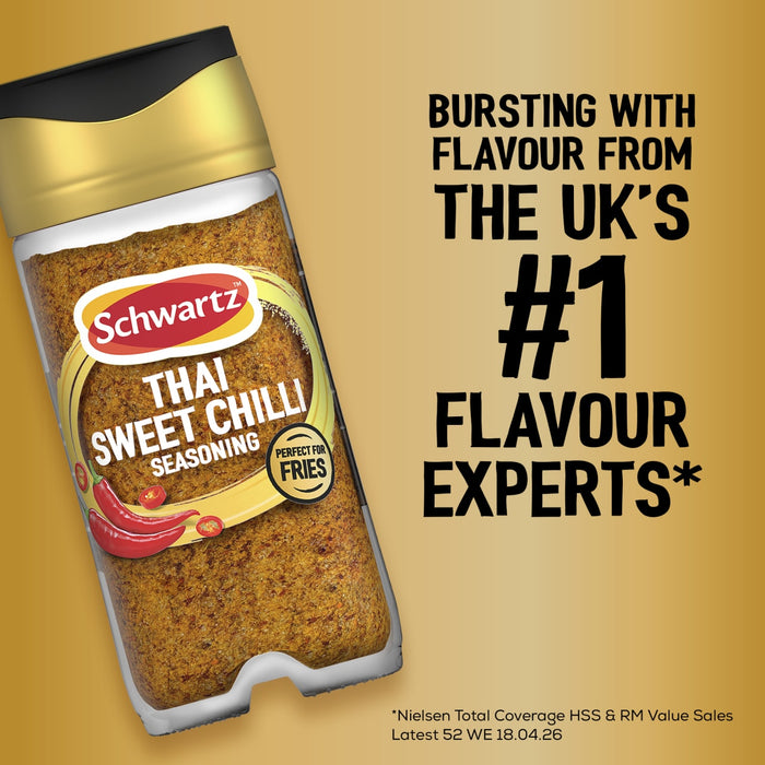 A promotional graphic for Jr Thai Sweet Chil Seas X6 featuring a bottle of Schwartz Thai Sweet Chilli Seasoning alongside text claiming it is from the UK number one flavour experts.