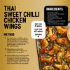 This recipe infographic for Thai Sweet Chilli Chicken Wings features a step by step guide using Jr Thai Sweet Chil Seas X6 to create a flavorful dish served with spicy mayonnaise.