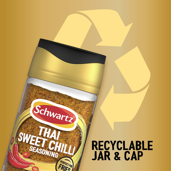 A graphic illustration highlighting the sustainability of the Jr Thai Sweet Chil Seas X6 by Schwartz featuring a large recycling symbol and text stating the jar and cap are recyclable.
